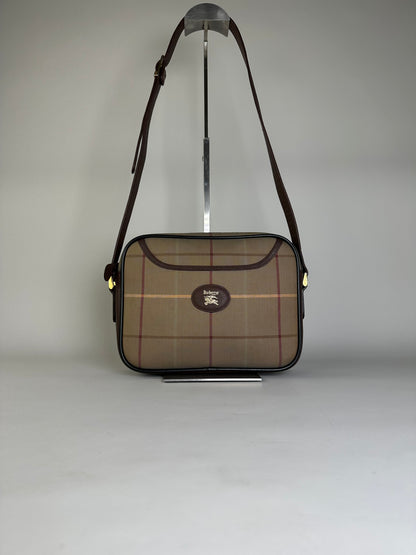 Vintage Burberry Iconic Check Coated Canvas Crossbody Beige Brown