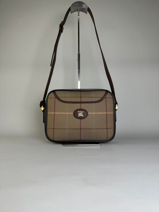 Vintage Burberry Iconic Check Coated Canvas Crossbody Beige Brown