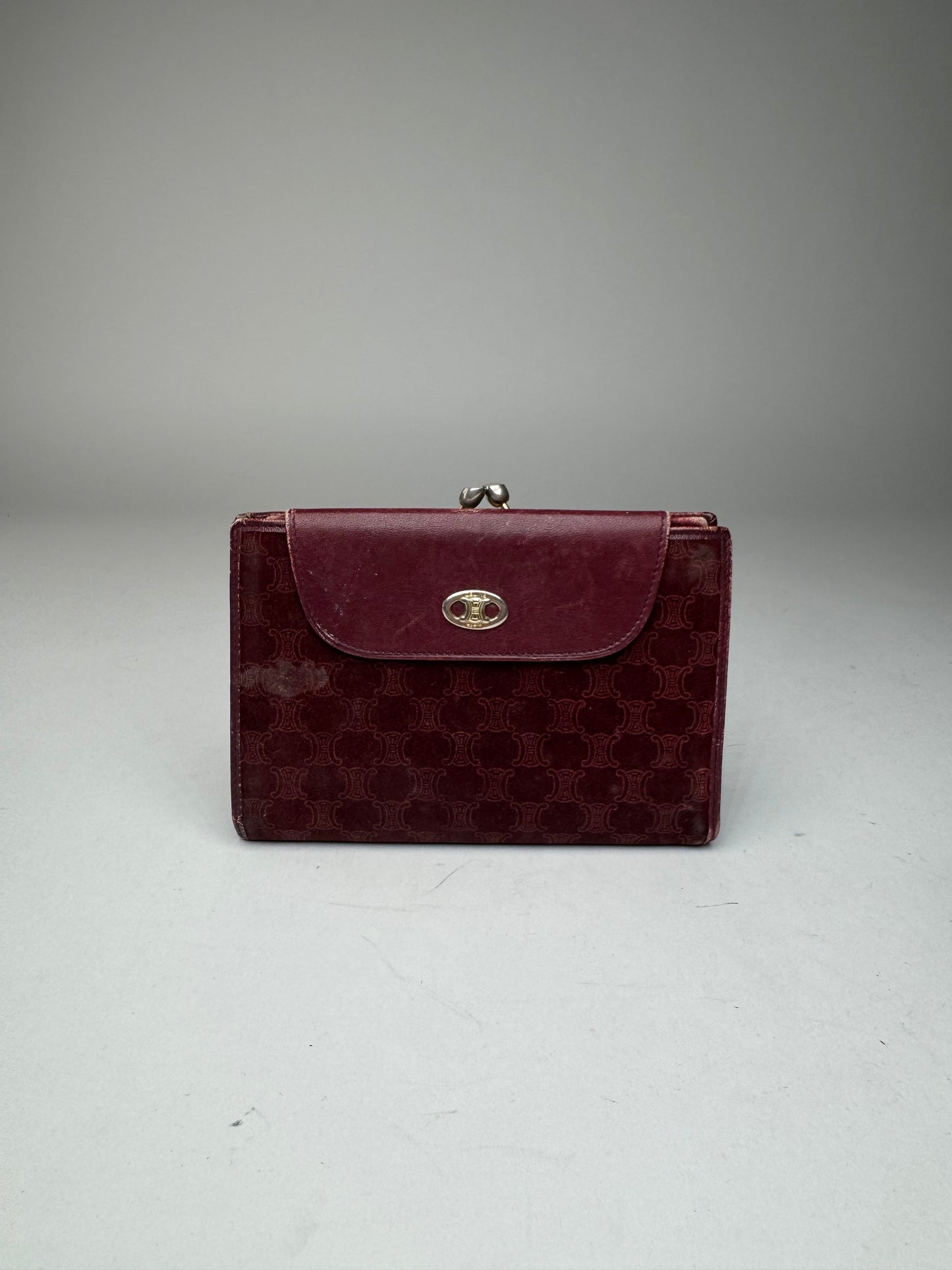 Vintage Celine Triomphe Monogram Suede Leather Wallet Burgundy