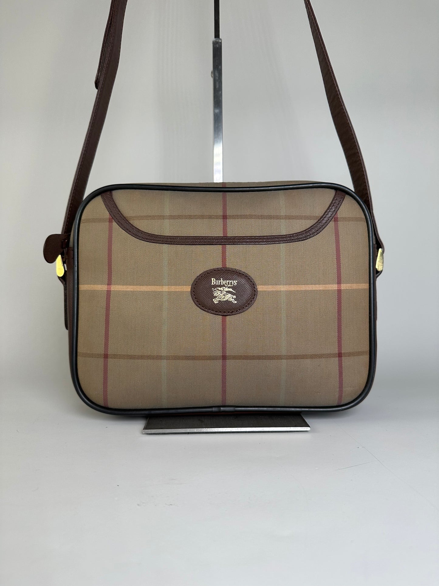 Vintage Burberry Iconic Check Coated Canvas Crossbody Beige Brown