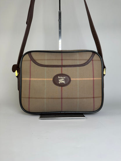 Vintage Burberry Iconic Check Coated Canvas Crossbody Beige Brown