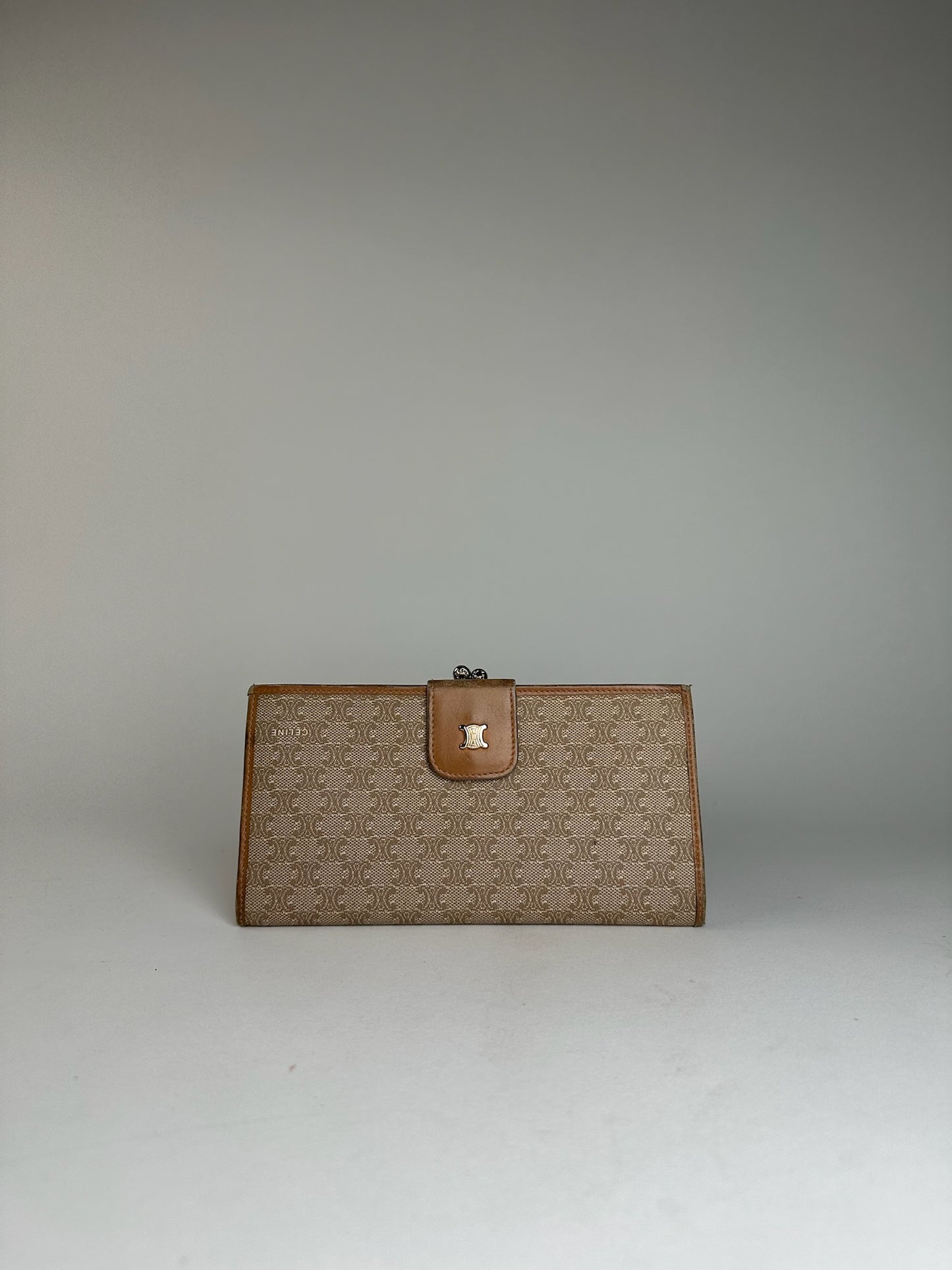 Vintage Celine Paris Triomphe Monogram Leather Wallet Beige Brown