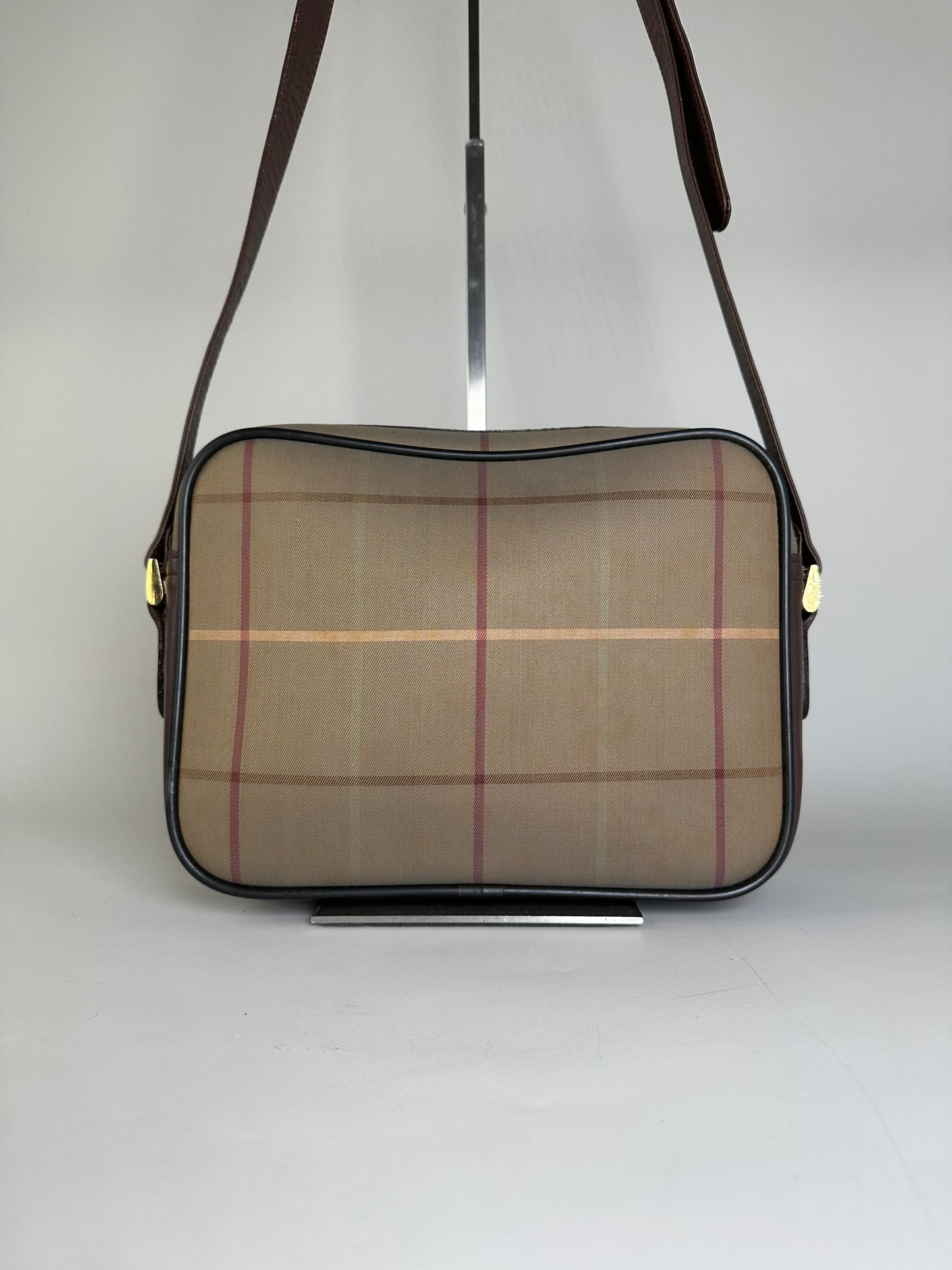 Vintage Burberry Iconic Check Coated Canvas Crossbody Beige Brown