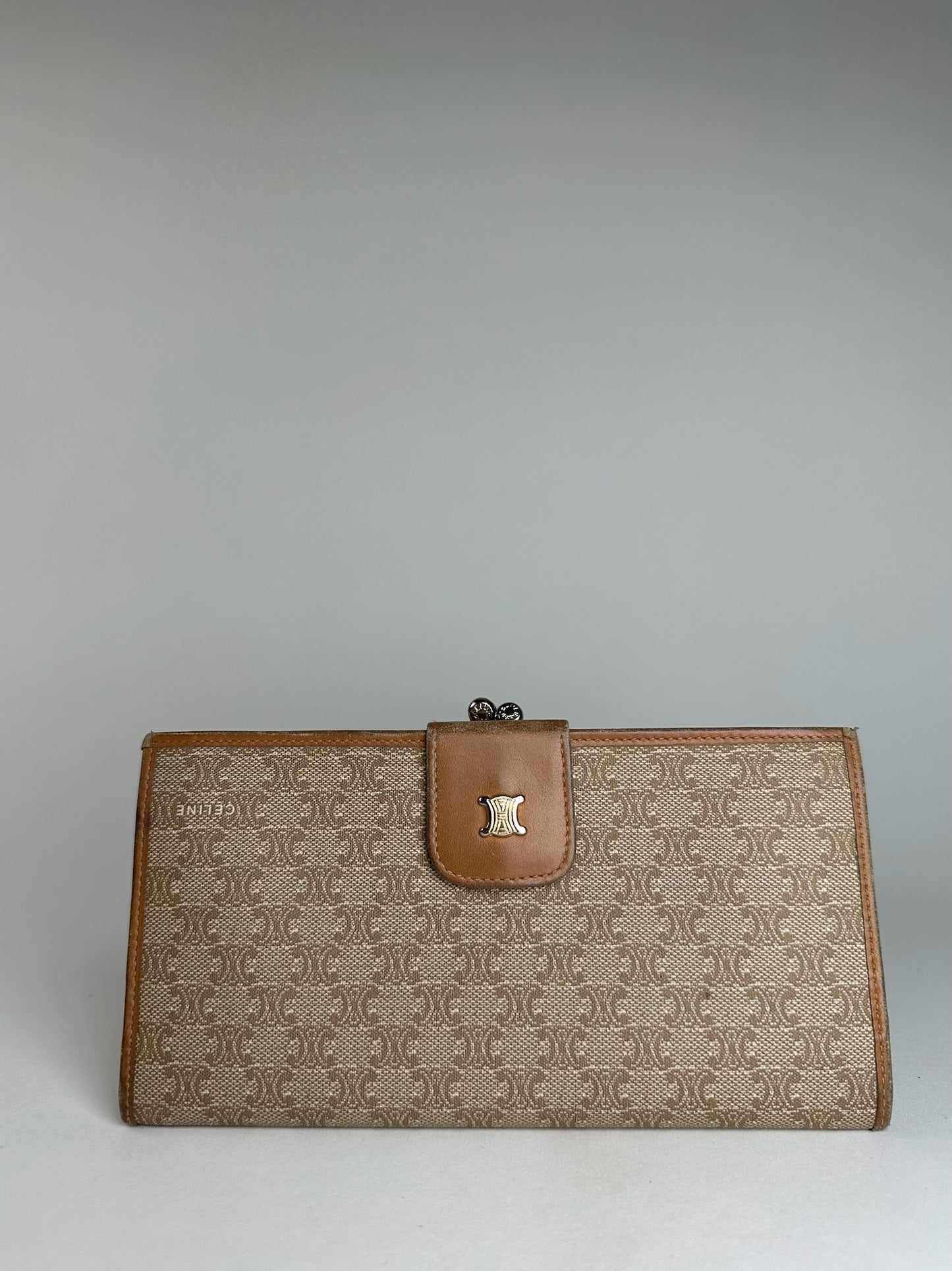 Vintage Celine Paris Triomphe Monogram Leather Wallet Beige Brown