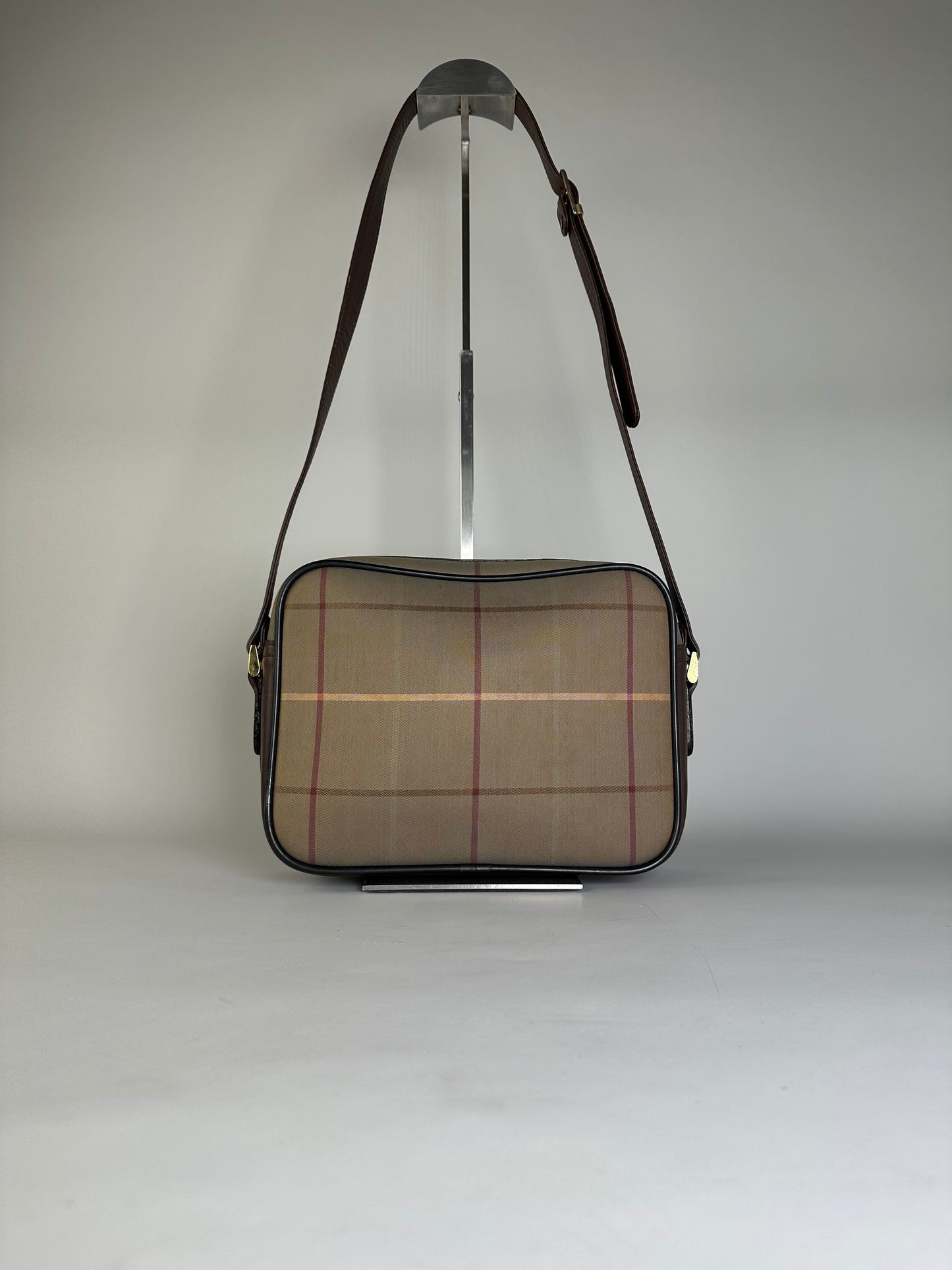 Vintage Burberry Iconic Check Coated Canvas Crossbody Beige Brown