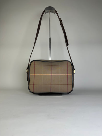 Vintage Burberry Iconic Check Coated Canvas Crossbody Beige Brown