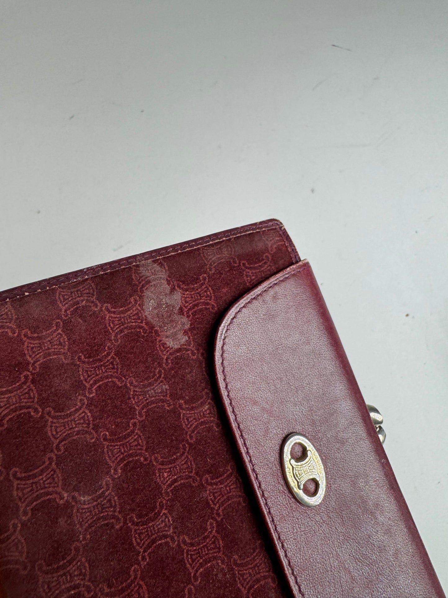 Vintage Celine Triomphe Monogram Suede Leather Wallet Burgundy