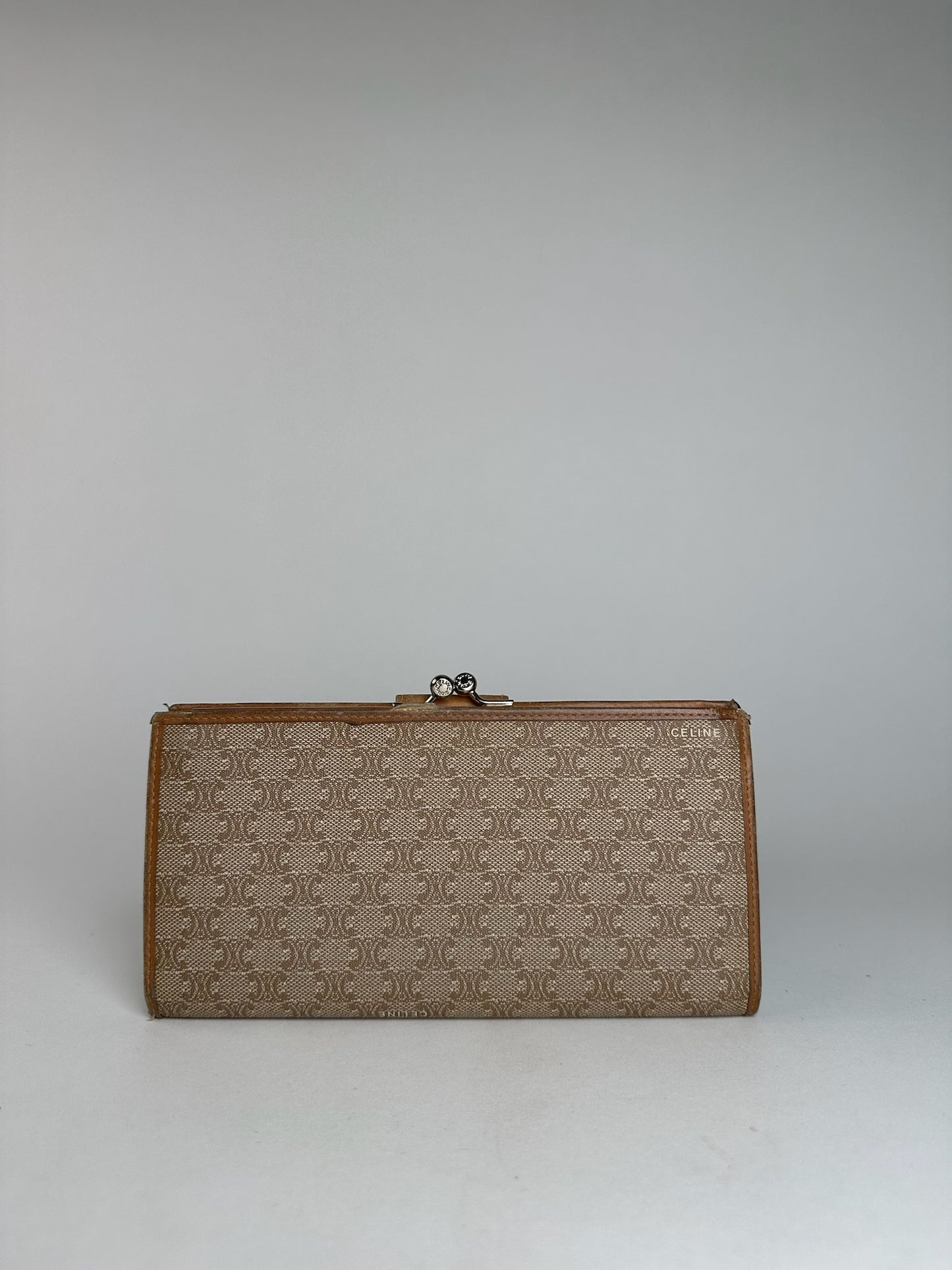 Vintage Celine Paris Triomphe Monogram Leather Wallet Beige Brown