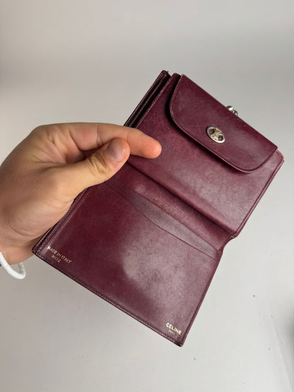 Vintage Celine Triomphe Monogram Suede Leather Wallet Burgundy