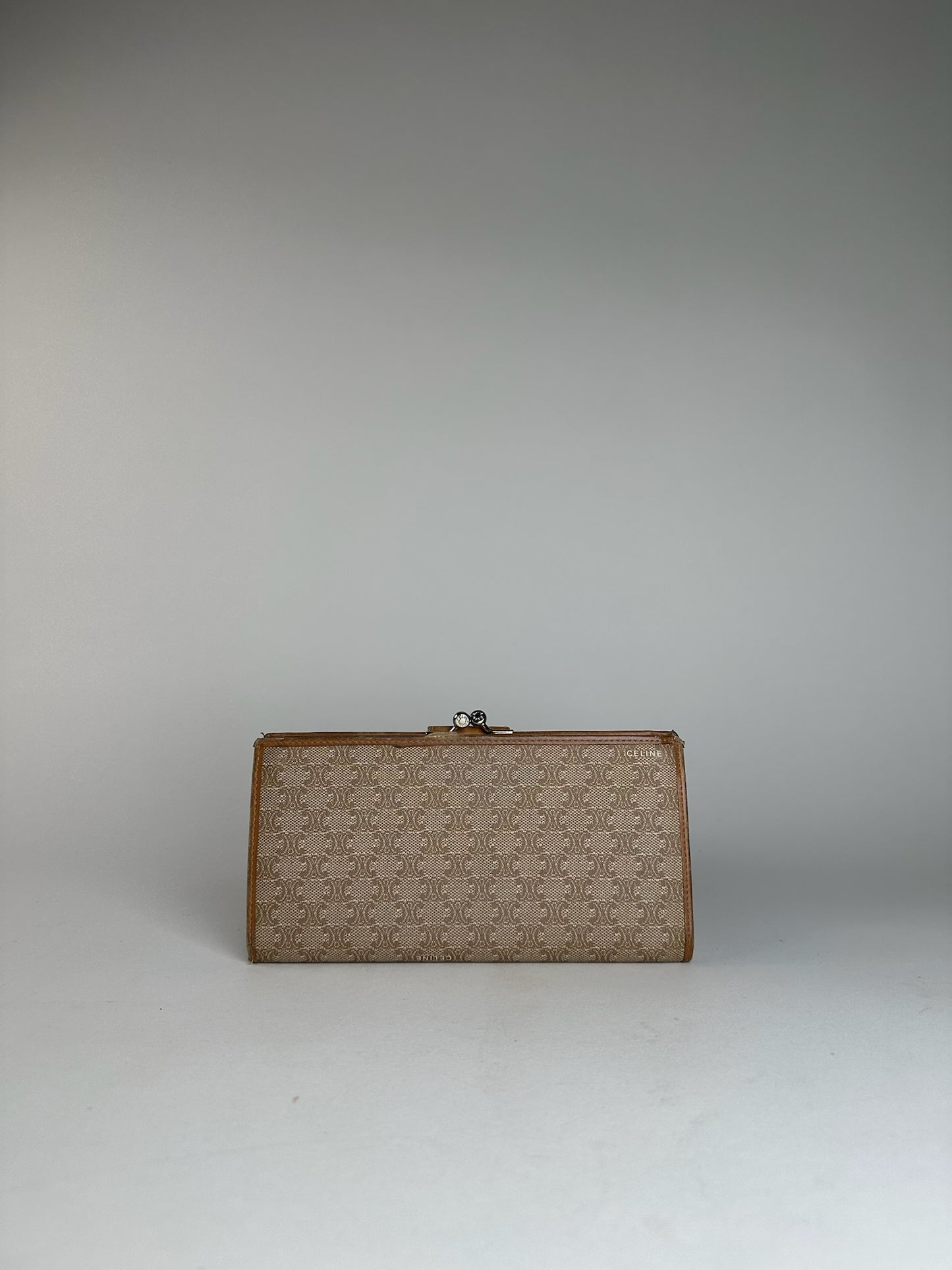 Vintage Celine Paris Triomphe Monogram Leather Wallet Beige Brown