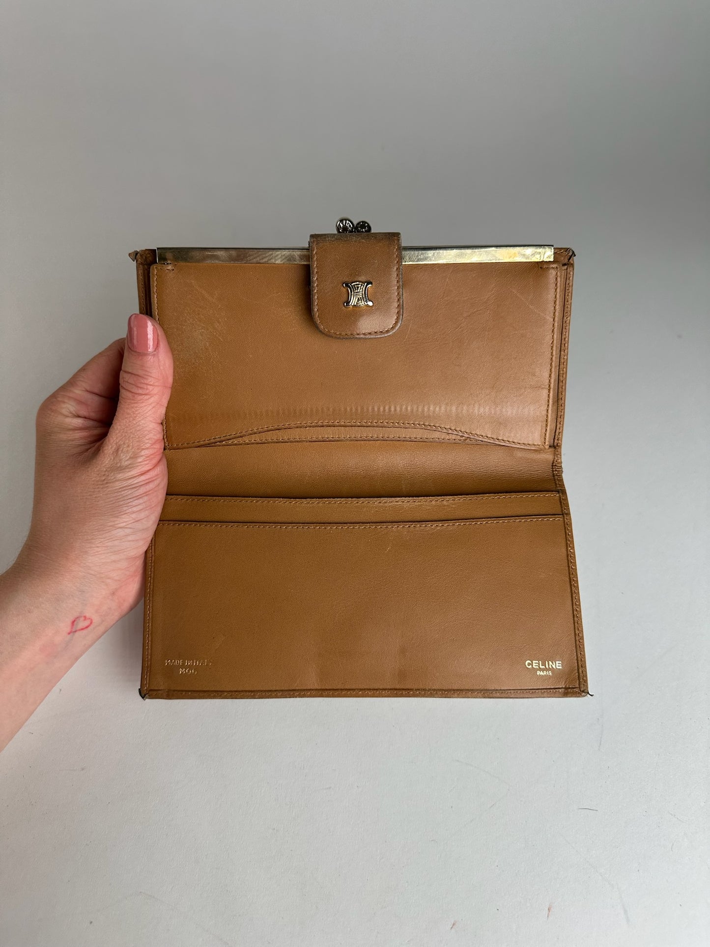 Vintage Celine Paris Triomphe Monogram Leather Wallet Beige Brown