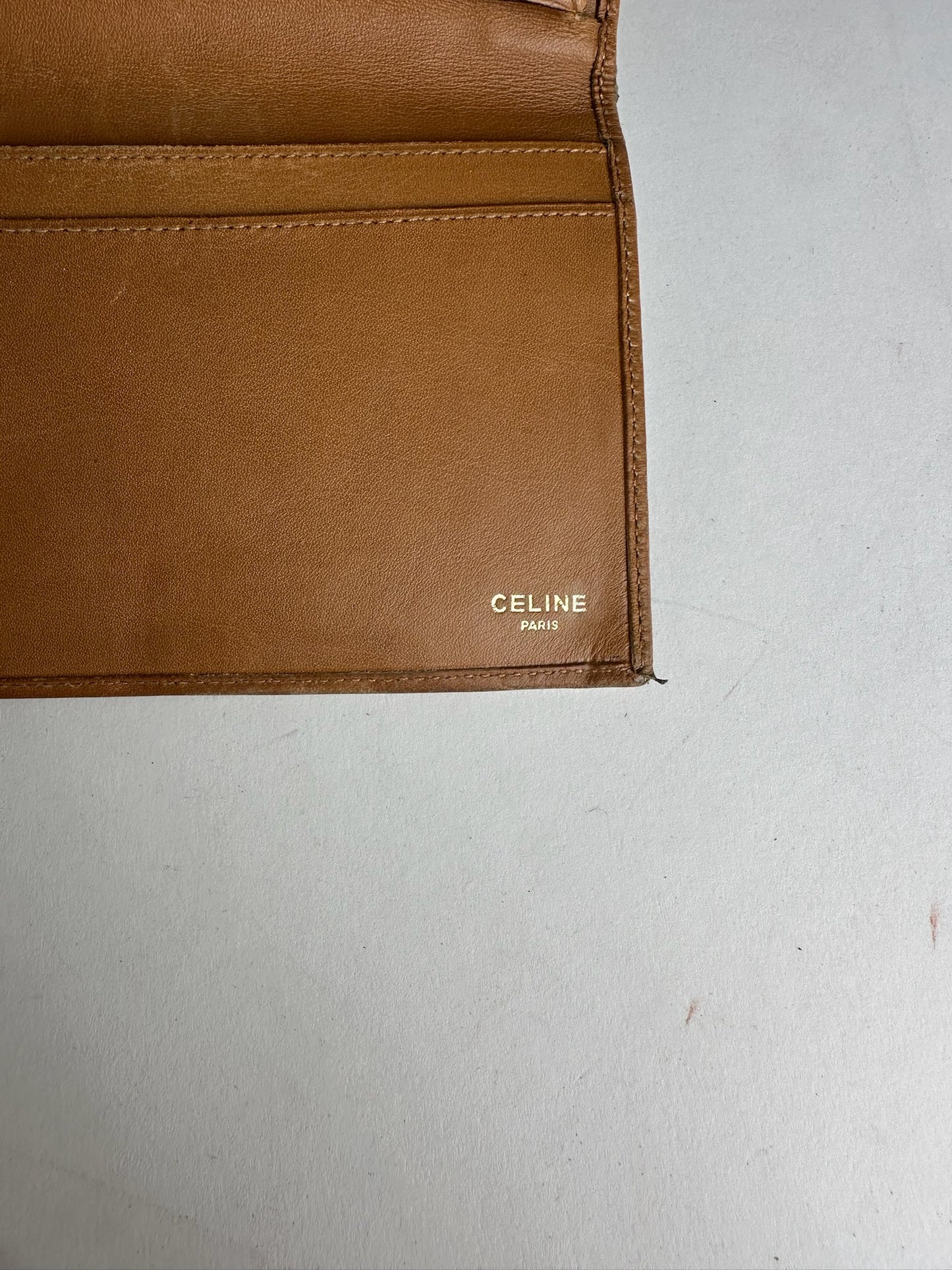 Vintage Celine Paris Triomphe Monogram Leather Wallet Beige Brown
