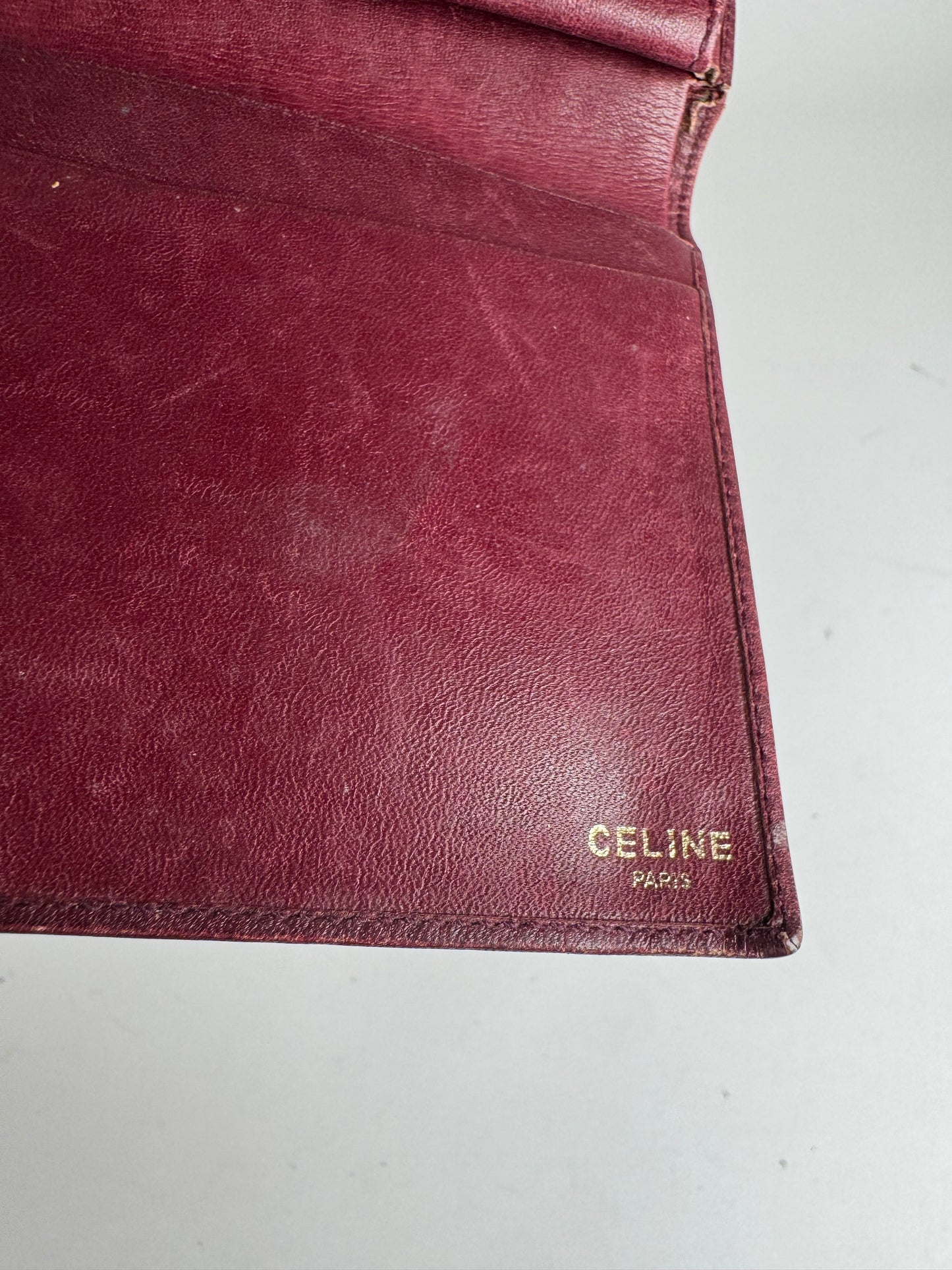 Vintage Celine Triomphe Monogram Suede Leather Wallet Burgundy