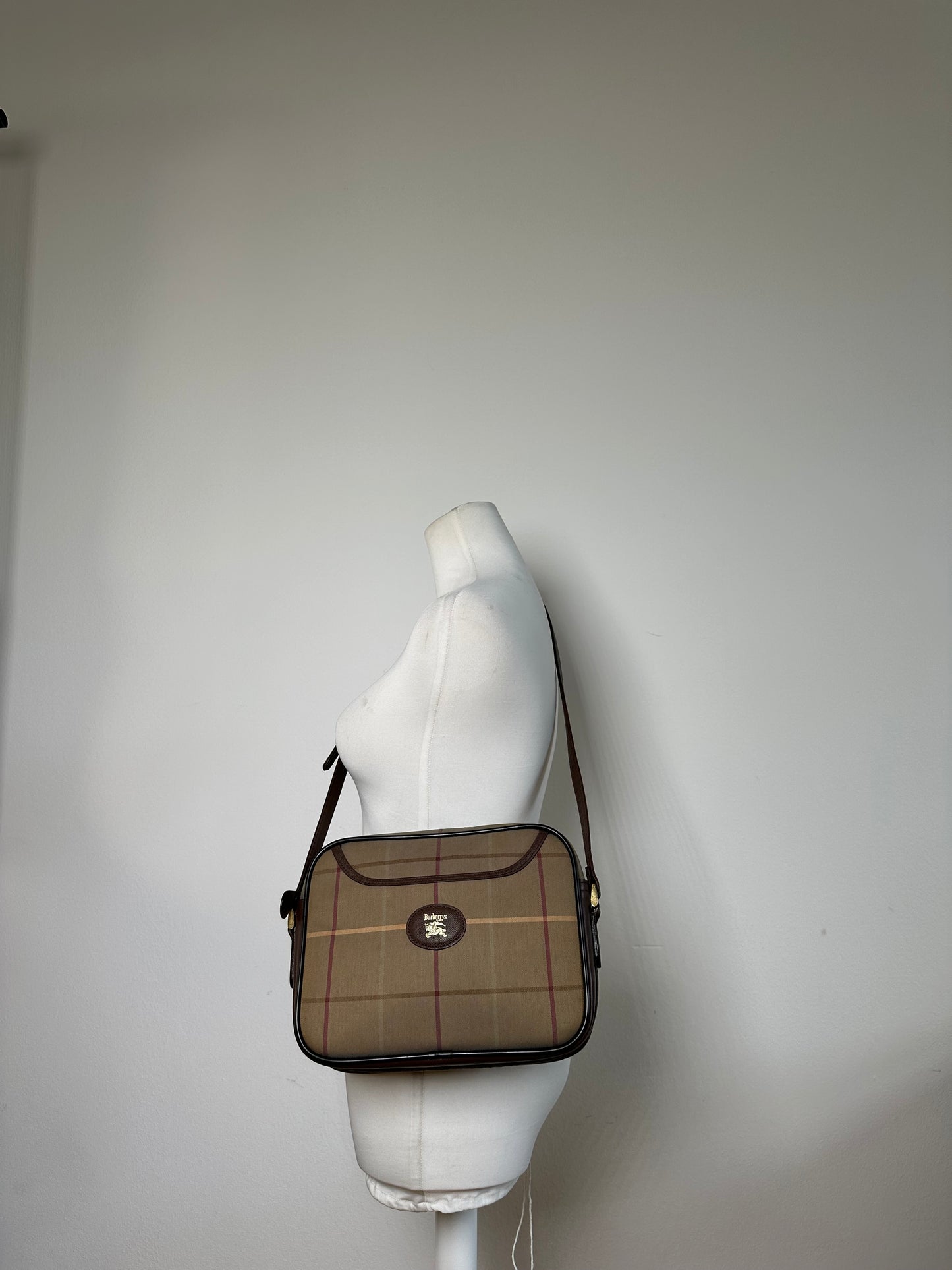 Vintage Burberry Iconic Check Coated Canvas Crossbody Beige Brown