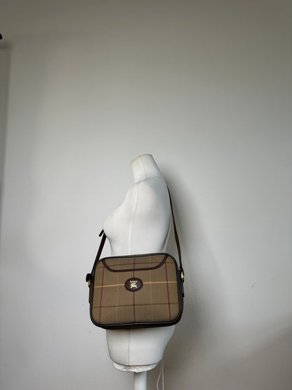 Vintage Burberry Iconic Check Coated Canvas Crossbody Beige Brown