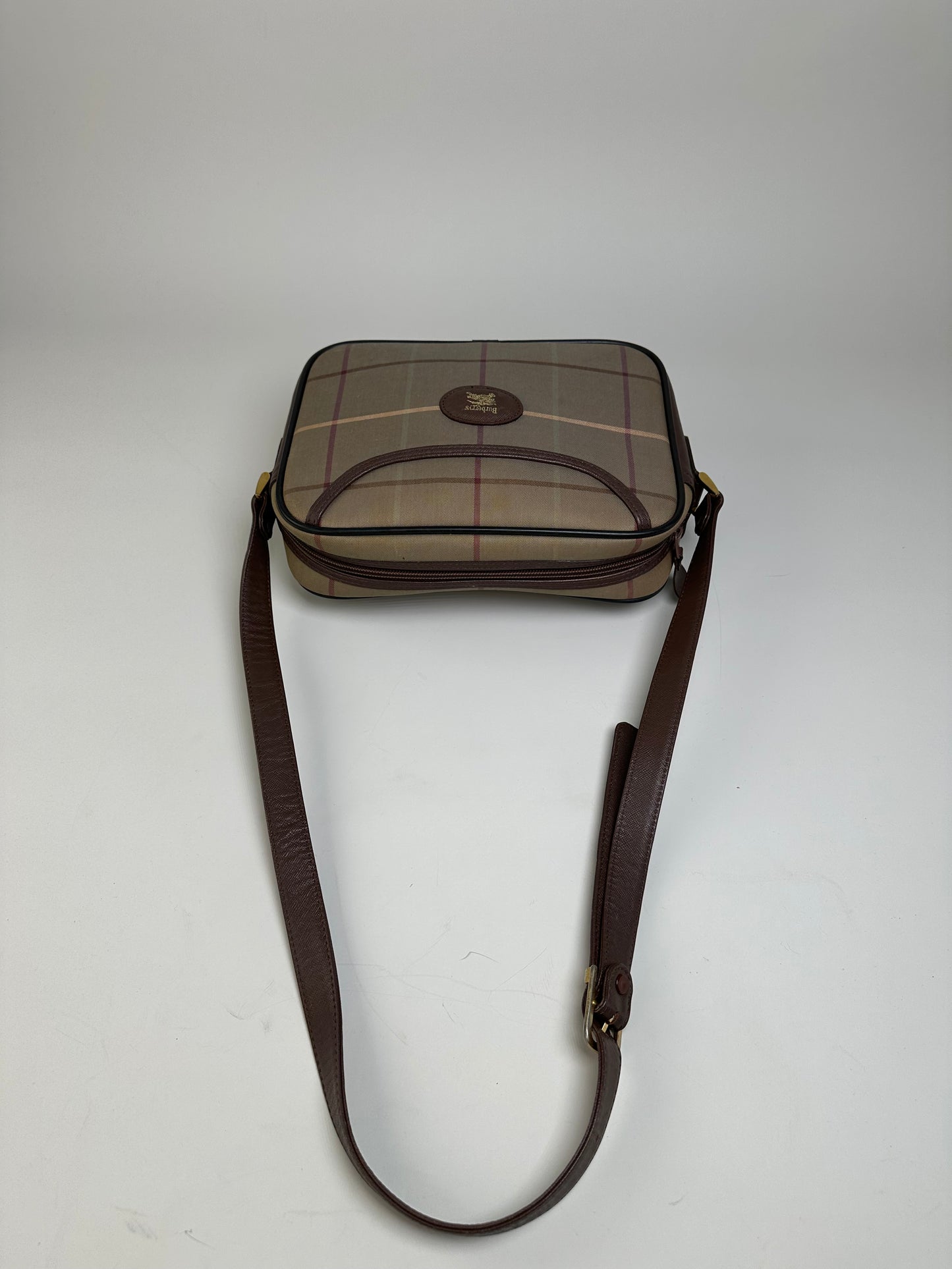 Vintage Burberry Iconic Check Coated Canvas Crossbody Beige Brown