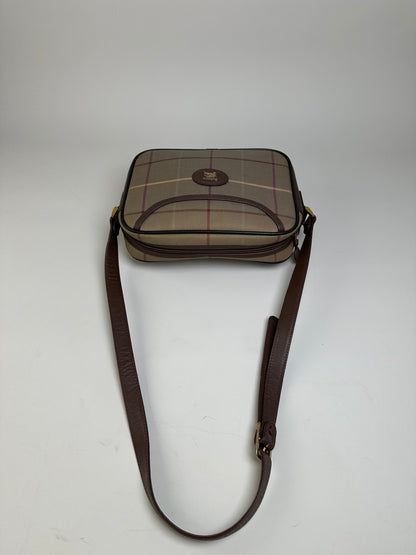 Vintage Burberry Iconic Check Coated Canvas Crossbody Beige Brown