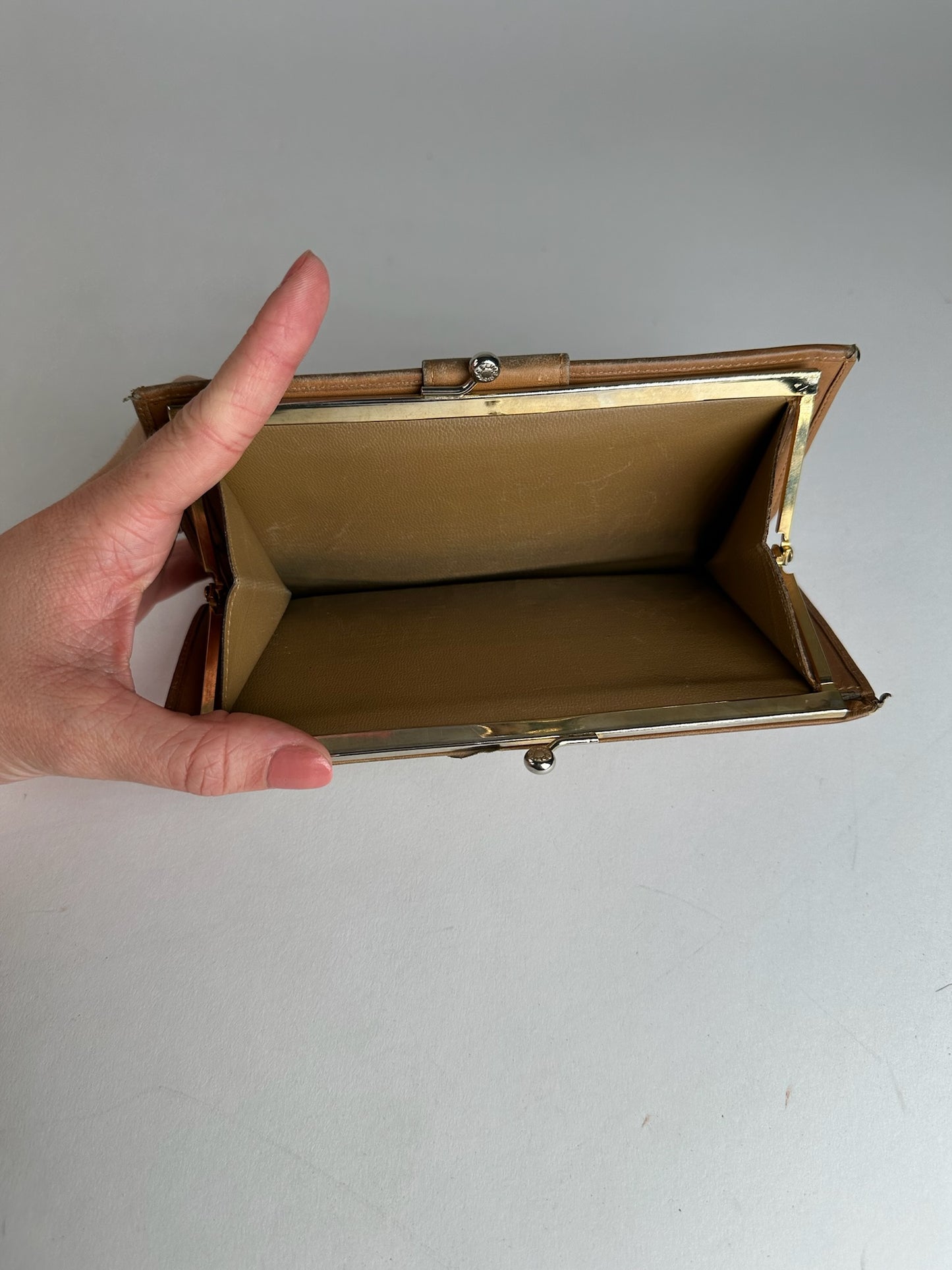 Vintage Celine Paris Triomphe Monogram Leather Wallet Beige Brown