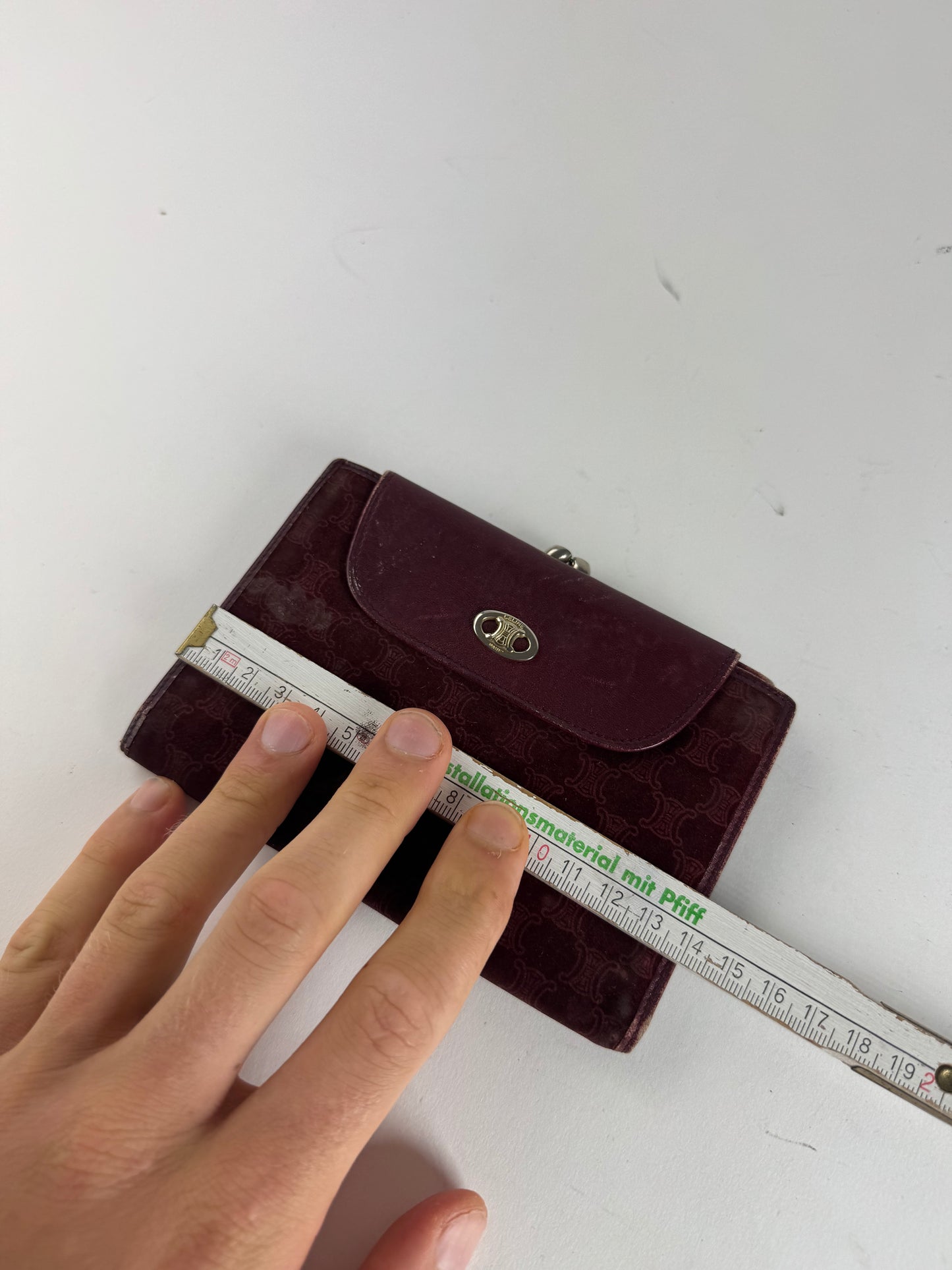 Vintage Celine Triomphe Monogram Suede Leather Wallet Burgundy