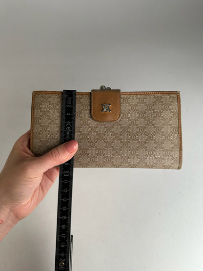 Vintage Celine Paris Triomphe Monogram Leather Wallet Beige Brown