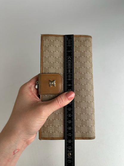 Vintage Celine Paris Triomphe Monogram Leather Wallet Beige Brown