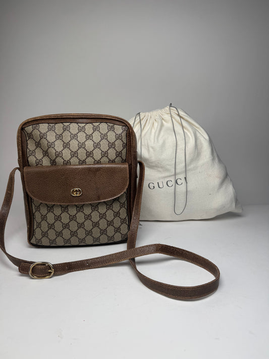 Vintage Gucci Monogram Leather Shoulder Bag Grey / Brown