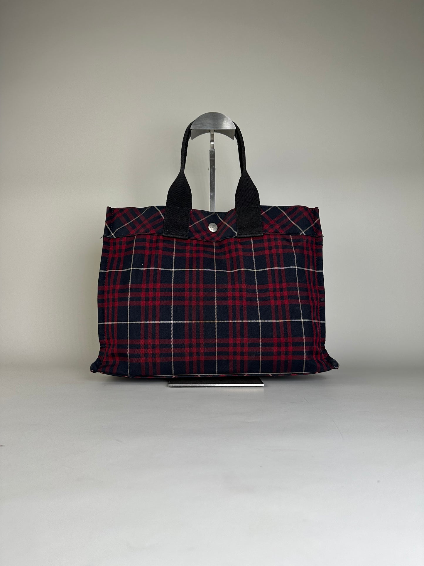 Vintage Burberry Check Canvas Tote Bag Navy Red Cream