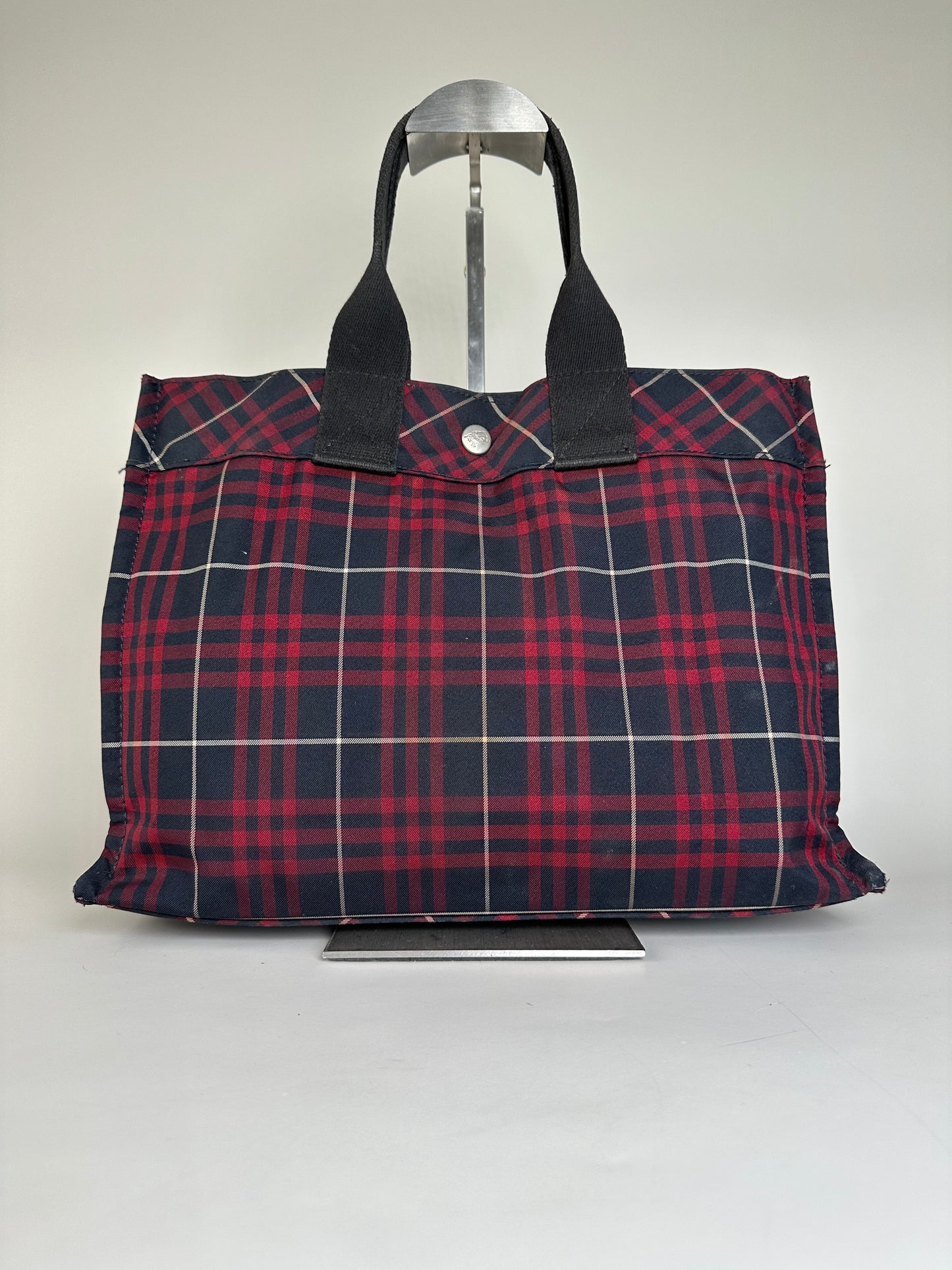 Vintage Burberry Check Canvas Tote Bag Navy Red Cream