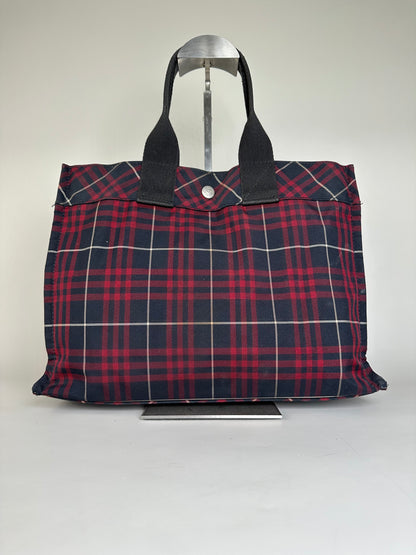 Vintage Burberry Check Canvas Tote Bag Navy Red Cream