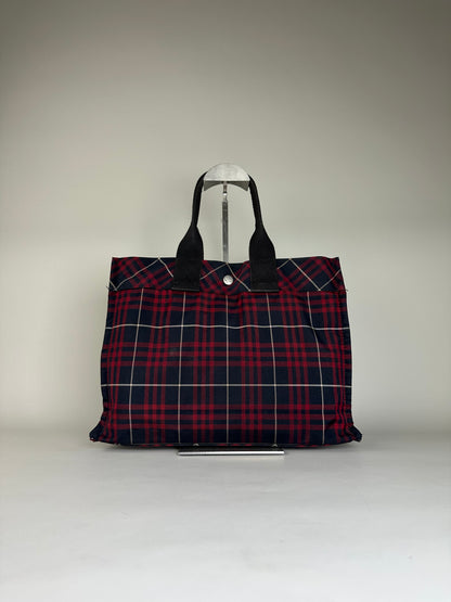 Vintage Burberry Check Canvas Tote Bag Navy Red Cream