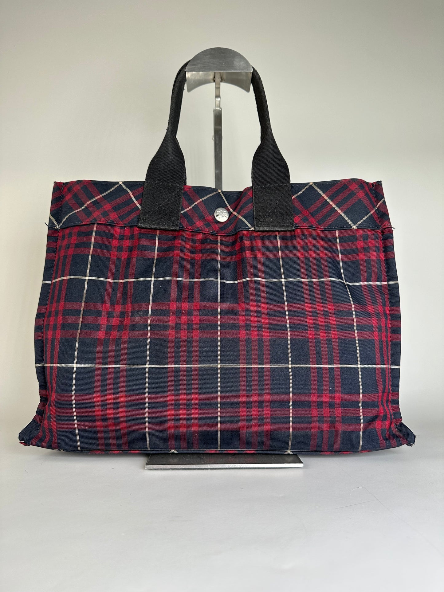 Vintage Burberry Check Canvas Tote Bag Navy Red Cream