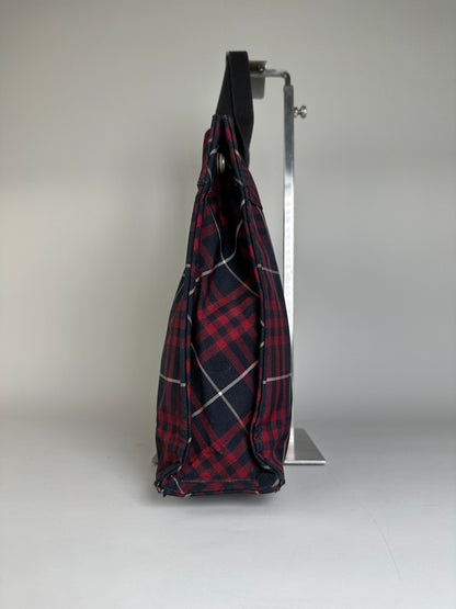 Vintage Burberry Check Canvas Tote Bag Navy Red Cream