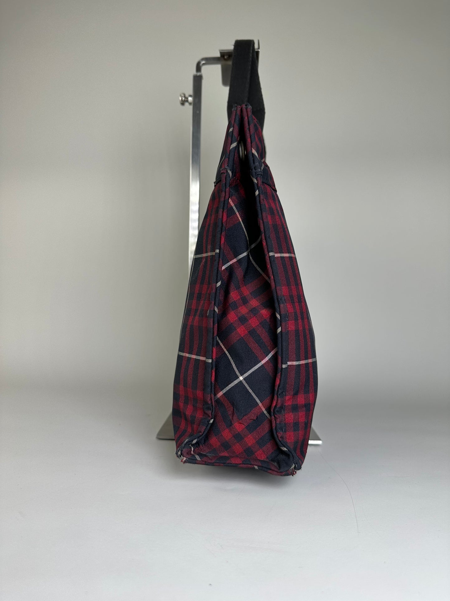 Vintage Burberry Check Canvas Tote Bag Navy Red Cream