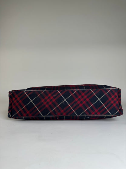Vintage Burberry Check Canvas Tote Bag Navy Red Cream