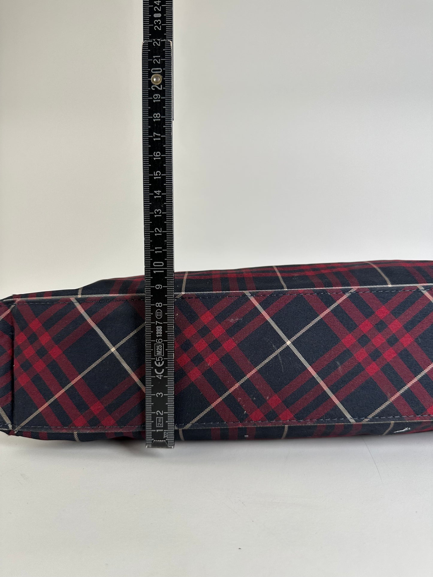 Vintage Burberry Check Canvas Tote Bag Navy Red Cream