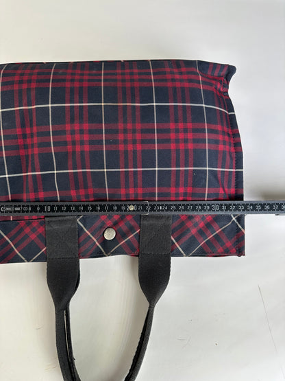 Vintage Burberry Check Canvas Tote Bag Navy Red Cream