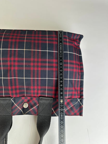 Vintage Burberry Check Canvas Tote Bag Navy Red Cream