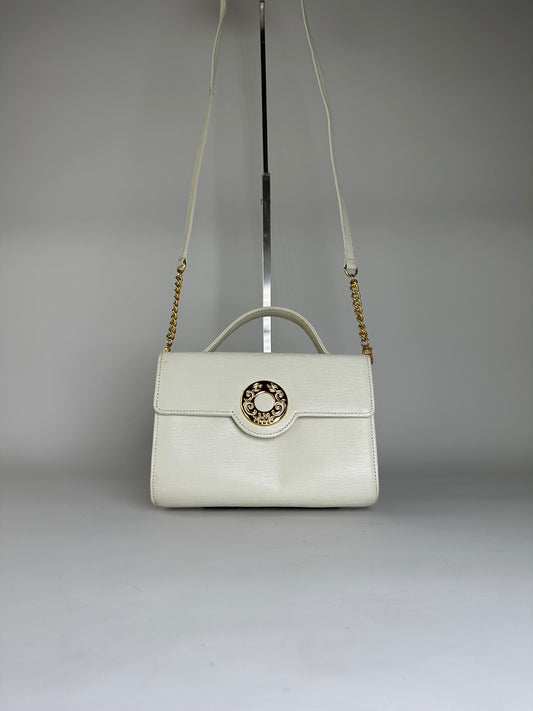 Vintage Hanae Leather Shoulder Bag Ivory Gold Chain