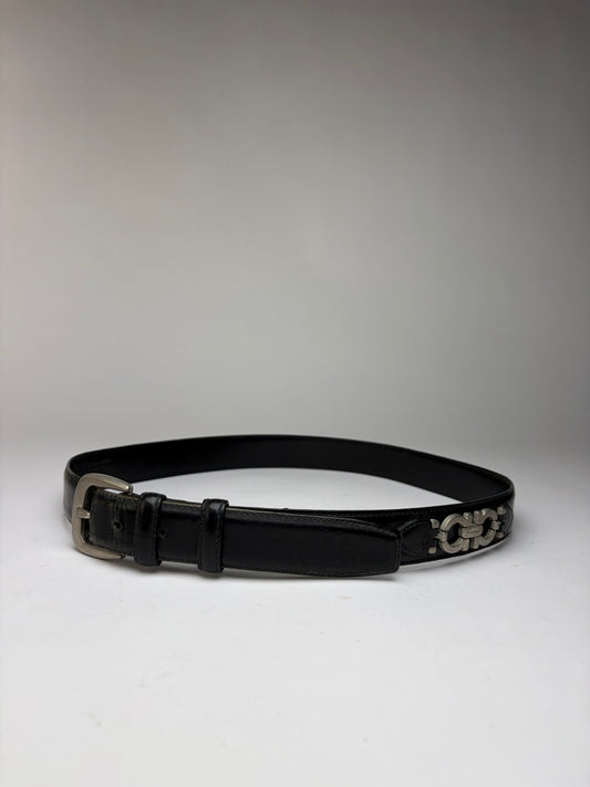 Vintage Salvatore Ferragamo Gancini Leather Belt Late 1990s Black Silver