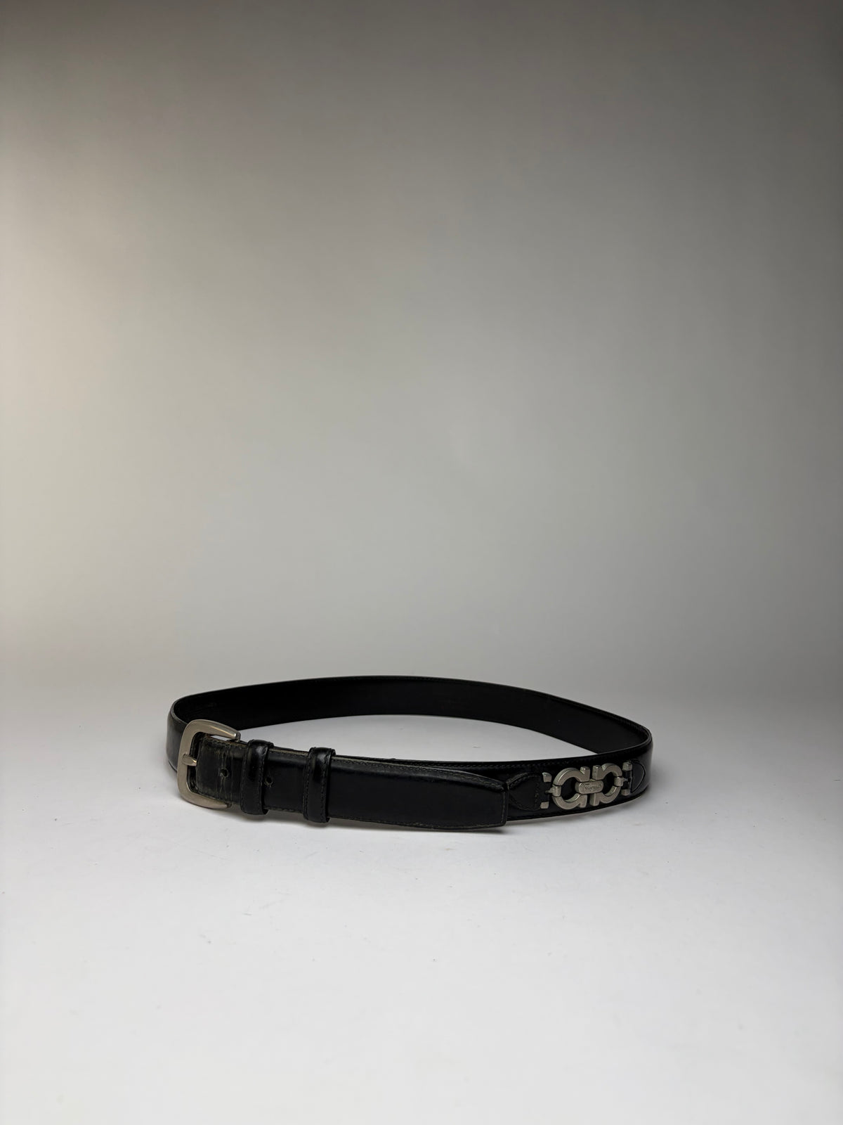 Vintage Salvatore Ferragamo Gancini Leather Belt Late 1990s Black Silver