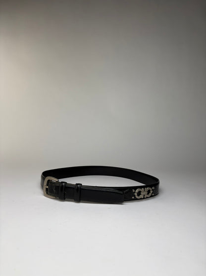 Vintage Salvatore Ferragamo Gancini Leather Belt Late 1990s Black Silver