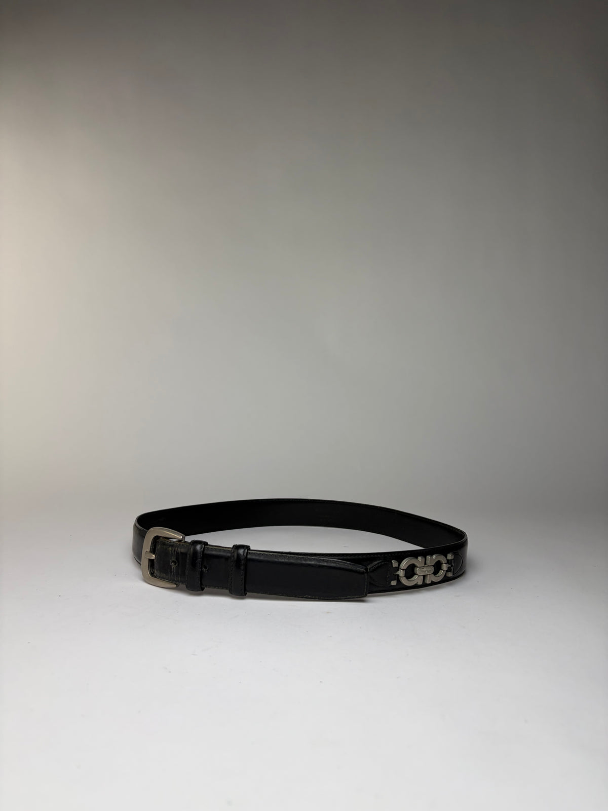 Vintage Salvatore Ferragamo Gancini Leather Belt Late 1990s Black Silver