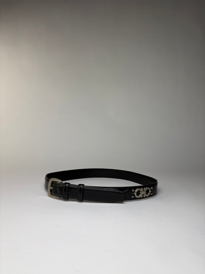 Vintage Salvatore Ferragamo Gancini Leather Belt Late 1990s Black Silver