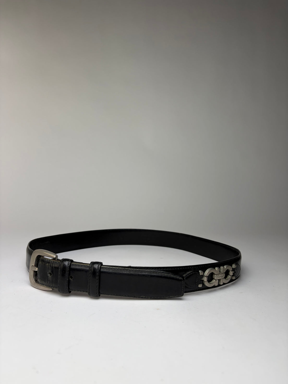 Vintage Salvatore Ferragamo Gancini Leather Belt Late 1990s Black Silver