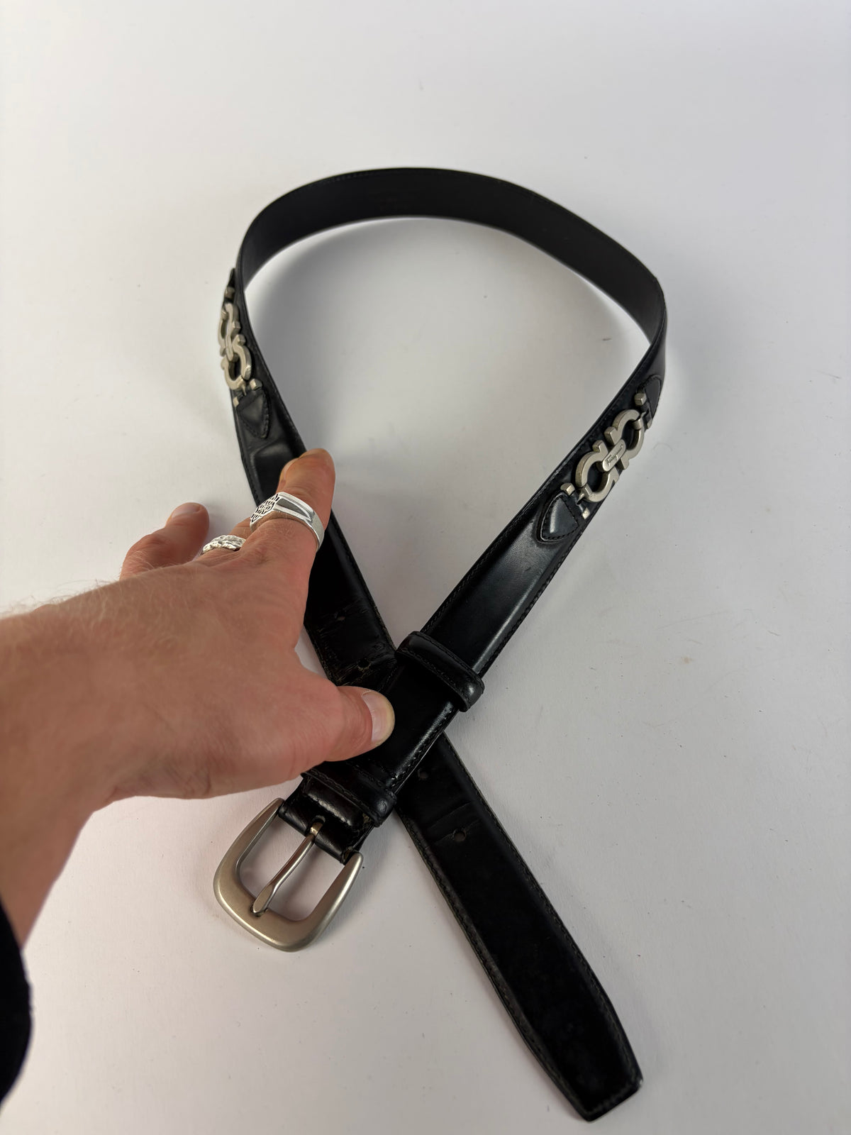Vintage Salvatore Ferragamo Gancini Leather Belt Late 1990s Black Silver