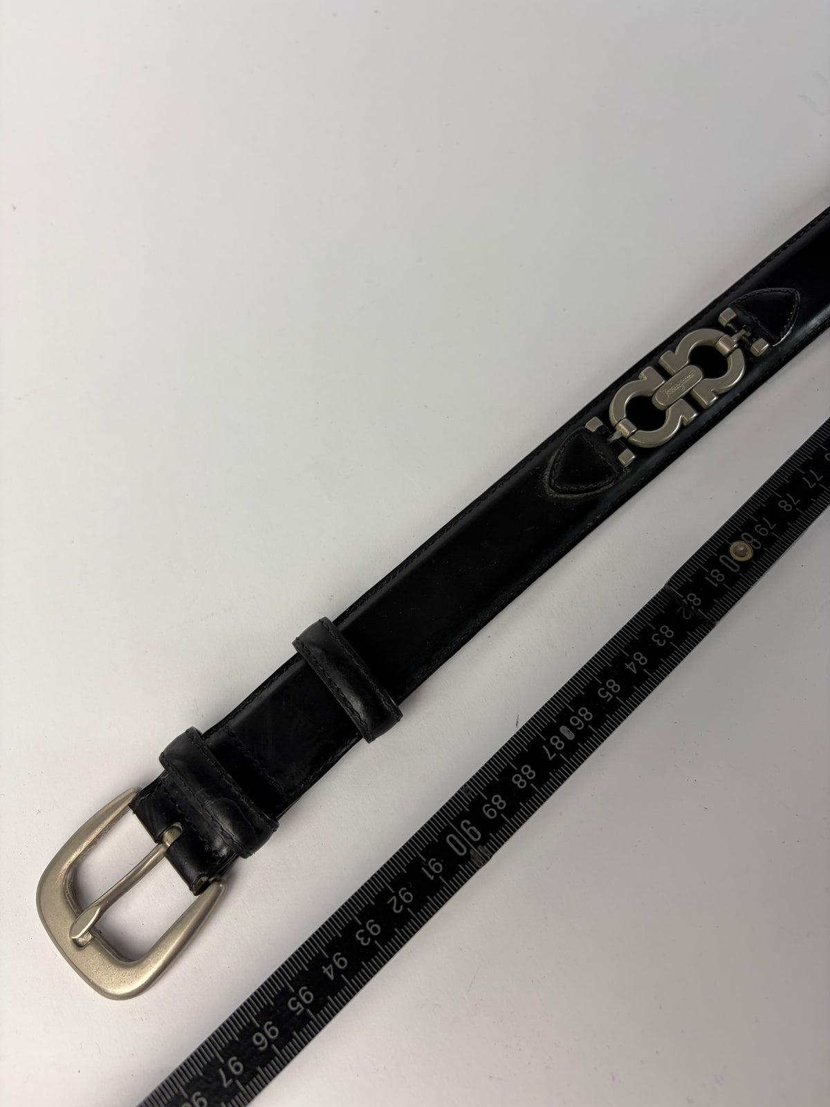 Vintage Salvatore Ferragamo Gancini Leather Belt Late 1990s Black Silver