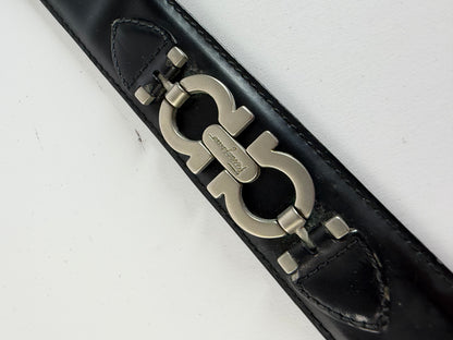 Vintage Salvatore Ferragamo Gancini Leather Belt Late 1990s Black Silver