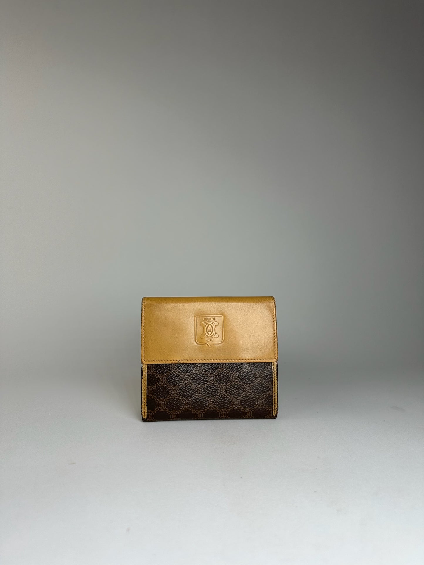 Vintage Celine Paris Triomphe Monogram Leather Wallet Brown Beige