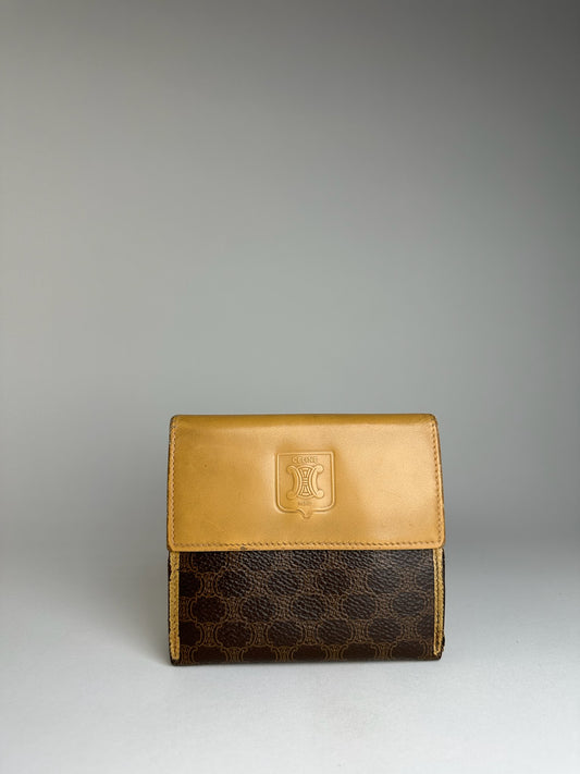 Vintage Celine Paris Triomphe Monogram Leather Wallet Brown Beige