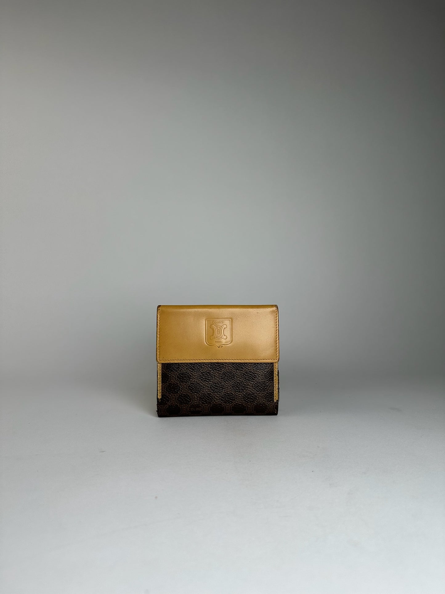 Vintage Celine Paris Triomphe Monogram Leather Wallet Brown Beige